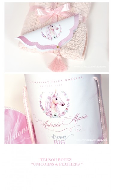 Trusou de botez brodat pentru fetite cu unicorni si pene, Unicorns Valley 2